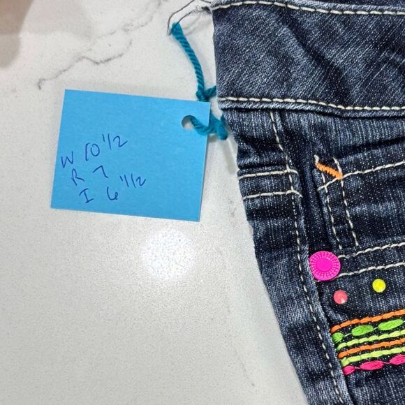SO | Girls Dark Wash Denim Jean Shorts Neon Pink Green Accents Stitching - Picture 14 of 14